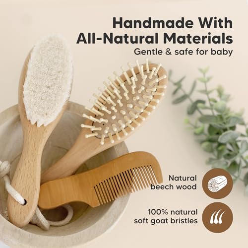 Wooden Baby Hair Brush Set for Newborns, Toddler Comb (Walnut, Regular)