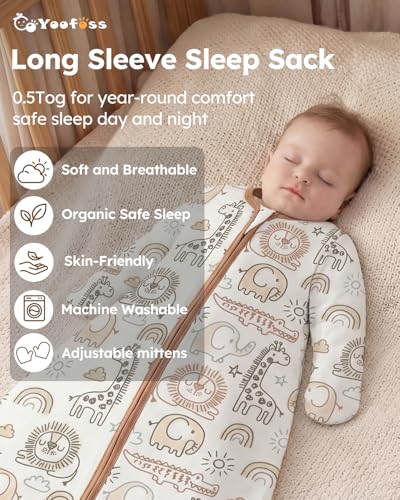 Yoofoss Baby Sleep Sack 3-6 Months 100% Organic Cotton Long Sleeve Wearable Blanket Baby 2-Way Zipper 0.5 Tog Newborn Sleeping Sack, Lightweight