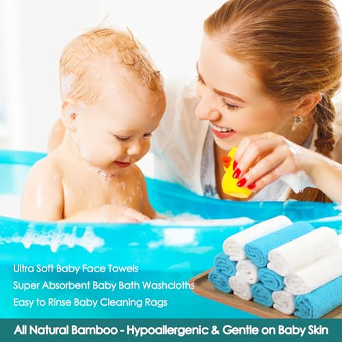 Baby Washcloths 6 Pack, 10x10 inch Heavenly Soft Blue Wash Cloths for Face and Body, Gentle & Safe Face Towels on Sensitive Skin, Baby Essentials Shower Gifts for Boy Infant Kid Toddler Children