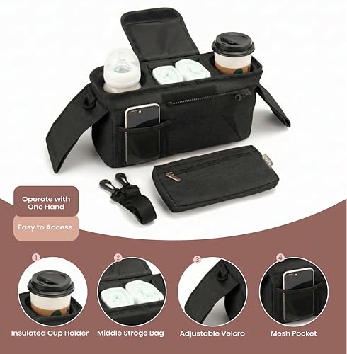 Kovire Black Universal Stroller Organizer with 2 Insulated Cup Holders, 3-in-1 Stroller Caddy with Detachable Phone Bag & Non-Slip Shoulder Strap, Fits Uppababy, Nuna, Doona, Baby Essentials
