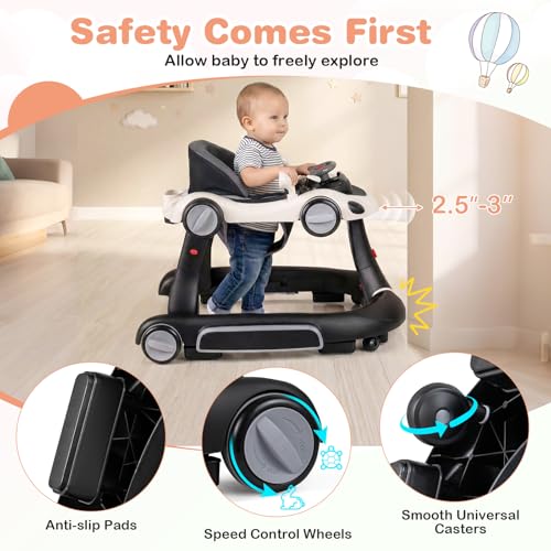 BABY JOY 7-in-1 Baby Walker, Foldable Baby Walker and Bouncer Combo with Handle, Adjustable Height & Speed, Music, Lights, Rocker/Push Mode, Baby Walker with Wheels for Boys Girls 7-18 Months (White)