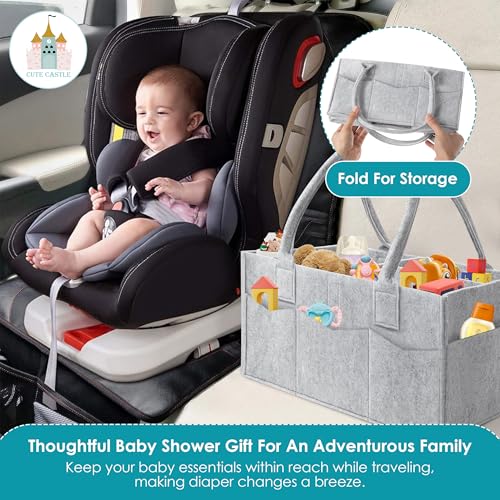 Cute Castle 2 Pack Diaper Caddy Organizer - Portable Baby Caddy Organizer with Handle, Nursery Storage Bin and Car Organizer for Girls, Boys - Baby Gift Basket - Grey