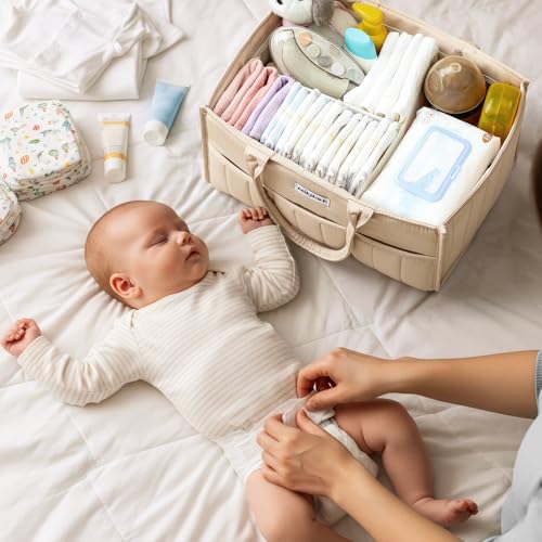 POIKSHARK Baby Diaper Caddy - Stylish Basket for Newborn Essentials, Nursery Storage Bin and Car Organizers for Diapers and Wipes, Gift for Baby Shower, Cream