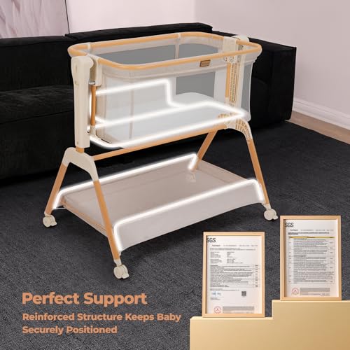 Ezebaby Baby Bassinet Bedside Sleeper: 3-in-1 Rocking Bassinet for Baby - Breathable Full-Mesh Crib with Mattress | 6 Height Adjustable | Portable Crib with Lockable Wheels for Newborns