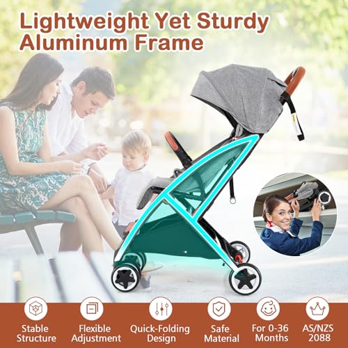 HONEY JOY Travel Stroller, One-Hand Quick Fold Lightweight Umbrella Stroller for Airplane, Wrist Wrap & Net, Multi-Position Recline, Overhead Friendly Compact Stroller for Newborn and Toddler(Gray)