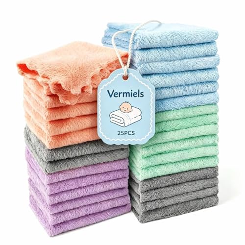 Vermiels 25 Pack Baby Washcloths, Microfiber Coral Fleece 7 x 9 Inch Baby Bath Face Towel, Baby Face Skin Wash Cloths Towels Set