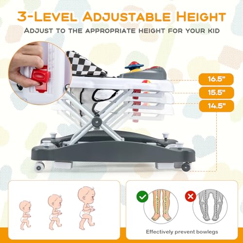 BABY JOY 6-in-1 Baby Walker, Foldable Baby Walker with Wheels, Adjustable Height, Music, Lights, Bouncer & Rocker Mode, Baby Walkers for Boys Girls 6-14 Months (Gray)
