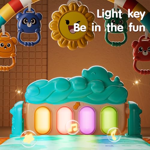 Baby Gyms Play Mats, Play Piano Gym Mat, Activity Mat for Tummy Time with 5 Infant Learning Sensory, Music and Lights for Newborns and Toddlers (Dark Blue)