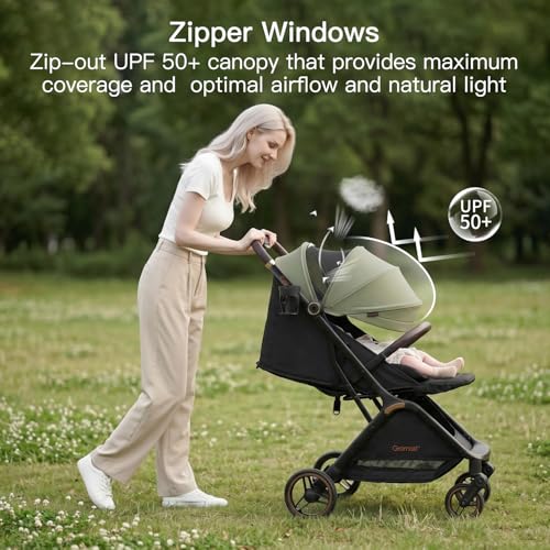 Gromast Gravity Folding Baby Stroller - Portable Travel Toddler Stroller w/Adjustable Backrest, Canopy & Cup Holder, Lightweight and UV Protected, One-Hand Automatic Folding - Green