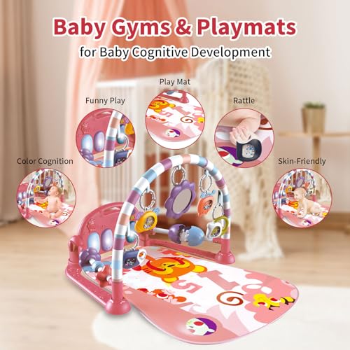 Baby Gym Play Mat, Piano Kick and Play Lights and Music Tummy Time Toys Infant Musical Activity Gym Mat for Visual, Hearing, Sensory, Gift Suitable for Newborns Aged 0 to 3 6 9 12 Months (Pink)