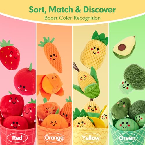 hahaland Baby Sensory Toys - 16 PCS My First Fruit Vegetable Color Sorting Play Food Crinkle, Rattle, Baby Toys 6-12 Months Montessori Toys for 1 Year Old Boy Girl Gifts 6 9 Month Old Toy One Year Old