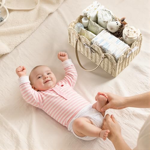 HBlife Large Baby Diaper Caddy, Paper Rope Storage Baskets Nursery Bin with Removable Divider, Portable Car Organizer for Diapers, Baby Shower Gifts, Newborn Essentials Must Haves