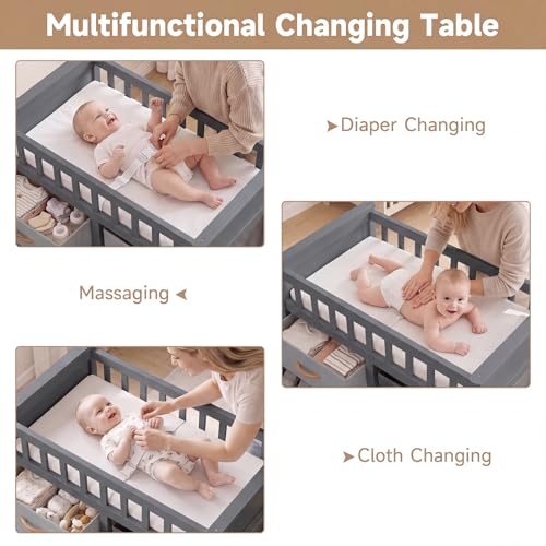 INFANS Wooden Baby Changing Table with Comfy Changing Pad, 3 Fabric Drawers, Laundry Hamper, Safety Belt, Diaper Station Dresser for Nursery Infant (Light Gray)