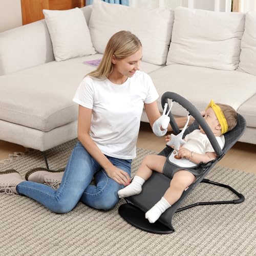 HKAI Baby Bouncer, Portable Baby Bouncer Seat for Babies 0-18 Months, 100% Cotton Fabrics, 3 Modes of use with Rocker and Stationary Options, Infant Rocker Chair with Hanging Toys-Dark Grey