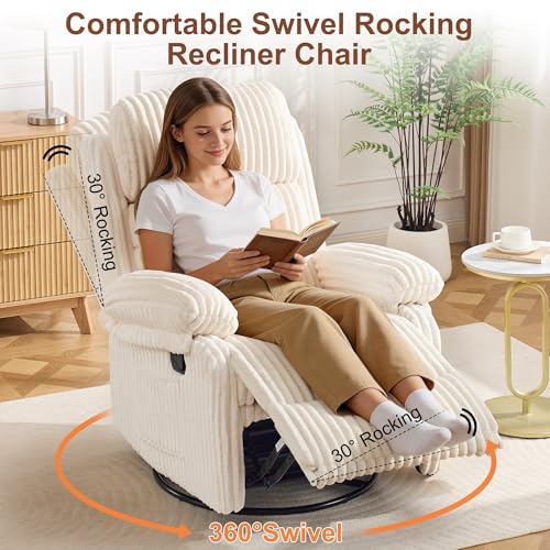 Korser Rocking Recliner Chair, Nursery Rocker Chair for Adults, Small Recliners for Small Spaces, Swivel Rocker Recliner with Cushion, Upholstered Rocking Chairs for Living Room, RV, Corduroy
