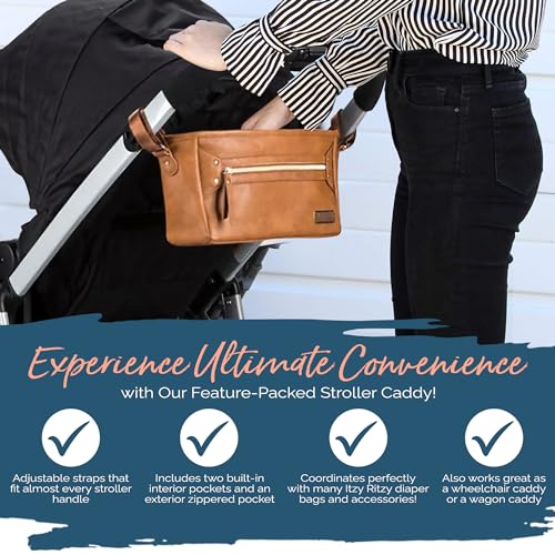 Itzy Ritzy Adjustable Stroller Caddy and Organizer Bag Featuring Front Zippered Pocket, 2 Built-in Interior Pockets & Adjustable Straps to Fit Nearly Any Stroller (Cognac)