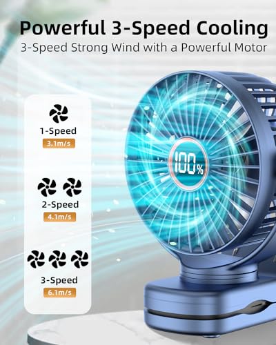 buywoo Portable Mini Personal Fan, Small Rechargeable Battery Powered Stroller Fan for Desk, Strong Clamp Grip, 360° Rotation, 3-Speed, LED Display, Clip On Cooler for Bed, Golf Cart, Office, Blue