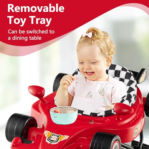 INFANS Foldable Baby Walker, 3 in 1 Toddler Activity Center Leaning-Seated Walk-Behind with Steering Wheel, Adjustable Height, Lights, Music, Washable Seat Cushion (Cherry)