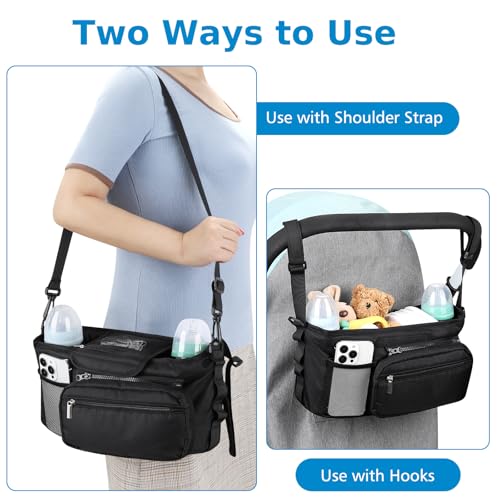 Accmor Universal Stroller Organizer, Stroller Caddy Bag with Cup Holder Detachable Phone Bag and Shoulder Strap, Stroller Organizer for Uppababy, Baby Jogger, Britax Strollers Accessories