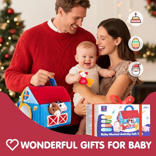 hahaland Baby Toys 6-12 Months - Surprise Barn with Stuffed Farm Animals with Real Sounds - Montessori Toys for 6 Month Old Baby Gifts Toddlers Sensory Toy 1 Year Old Boy Girl Gifts Infant Toys
