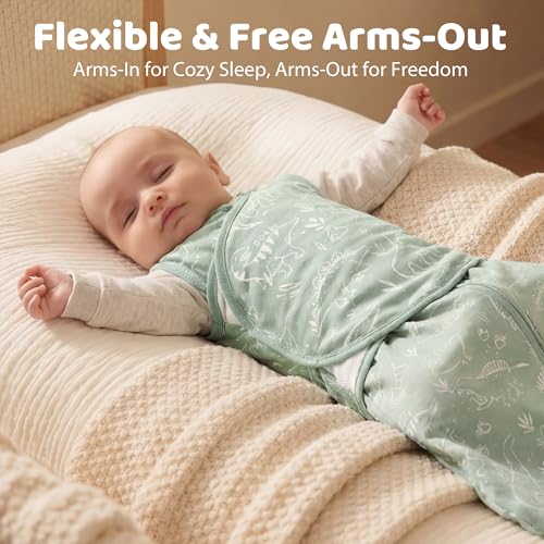 FIEMOL Baby Swaddle Sleep Sack 3-6 Months, Cotton Swaddles for Newborns Boys Girls, 2-Way Zipper Transitional Infant Wearable Swaddling Blanket with Quiet Closure, 0.5 TOG 2 Pack Soft Green Dinosaur