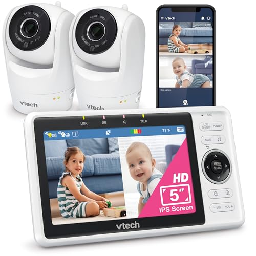 VTech Smart WiFi Baby Monitor, 2 Cameras – See Both Rooms at Home or from Anywhere, Free App, 1080p Split Screen, 5" HD Screen, Pan-Tilt-Zoom, Night Vision | VM901-2