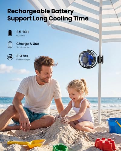Gaiatop Portable Clip on Fan Battery Operated, Small Powerful 3 Speed Quiet 360° Rotate, USB Rechargeable Mini Personal Cooling Fan for Desk Table Home Office Stroller Camping Women Gifts Black Blue