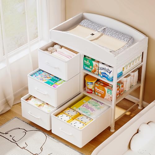 Homeiju Baby Changing Table with 4 Drawers and 2 Shelves - Baby Dresser with Changing Table Top Diaper Changing Station with Storage for Nursery Modern, White