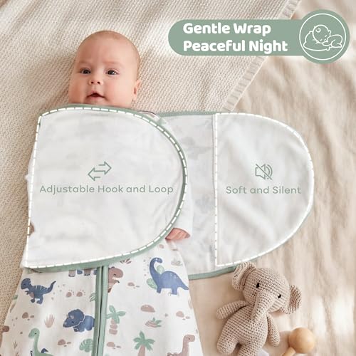 FIEMOL Baby Swaddle Sleep Sack 3-6 Months, Cotton Swaddles for Newborns Boys Girls, 2-Way Zipper Transitional Infant Wearable Swaddling Blanket with Quiet Closure, 0.5 TOG 2 Pack Soft Green Dinosaur