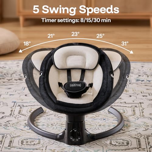 HARPPA Weddell Lite Electric Baby Swing for Infants with Music Speaker, 5 Adjustable Speeds, 5-Point Safety Harness, Timer Function, Compact Design for Indoor & Outdoor Use,Black