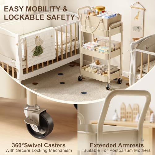 Baby Diaper Caddy Organizer Cart with Detachable Dividers, 3 Tier Metal Bedside Storage Rolling Cart with Wheels for Nursery, Postpartum Cart and Organizers for Newborn Essentials & Supplies (Oatmeal)