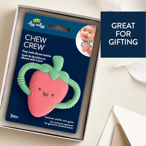 Itzy Ritzy Strawberry-Shaped Baby Teether with Handles – Silicone Teether for Babies with Easy-Grab Handles and Textured, Teethable Surfaces – Baby Teething Toy for 3 Months & Up (Strawberry)