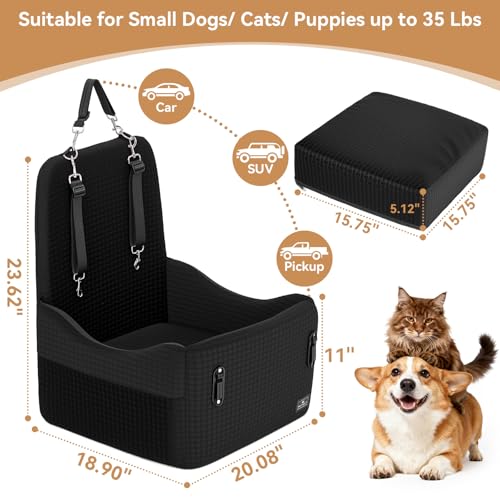 PETSFIT Dog Booster Car Seat for Small/Medium Dogs Up to 35 lbs – Patented Safety System, 5" Memory Foam Pet Car Seat, Fully Detachable and Washable Cover, Front/Back Seat Travel Booster (Black)