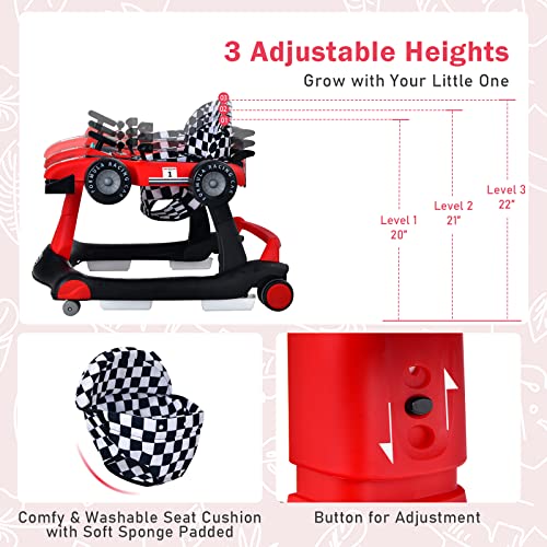 BABY JOY 4-in-1 Baby Walker, Foldable Activity Walker with Adjustable Height & Speed, Music, Lights, Anti-Rollover, Toddler Push Walker, Baby Walker with Wheels for Boys Girls 6-18 Months (Red)
