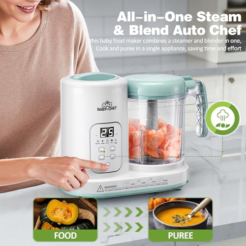 Baby Food Maker Pro Steamer Blender: 4 in 1 Auto Steam Blend and Puree Maker with Self-Clean for Healthy Baby and Toddler Meal Prep - BPA-Free White+Green