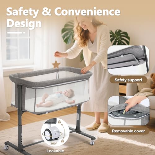 Kinder King Baby Bassinet Bedside Sleeper, Newborn Baby Bedside Crib w/Wheels, All-Sided Mesh, Adjustable Height, Removable Soft Mattress, No Tool to Assemble, Grey