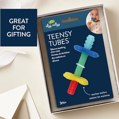 Itzy Ritzy Teensy Tube Teether – Textured Hollow Baby Teething Tube that Reaches Front Teeth & Back Molars, Made of Soft Silicone (Rainbow)