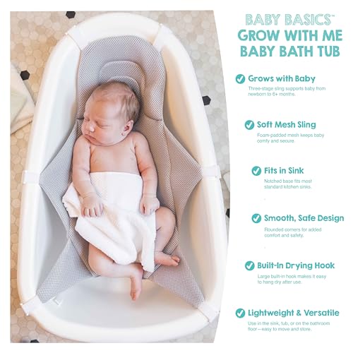 Regalo Baby Basics 3-in-1 Grow with Me Baby Bathtub with Foam Padded Air Mesh Sling, Adjustable Infant Bath Tub for Newborn to Toddler, Baby Bath Seat Support, Easy Clean with Drying Hook
