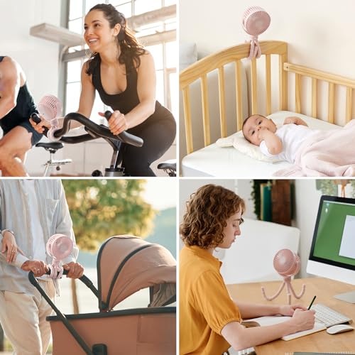 Momcozy 8000mAh Portable Stroller Fan, 27H Ultra-long Battery Life Detachable 4 Speed 360°Rotate LED Night Light with 2 Modes, USB Rechargeable Handheld Cooling Fan for Travel/Car Seat/Bedroom
