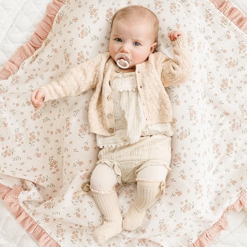 Konssy Flounce Muslin Baby Blanket for Girls Boys, 100% Cotton Soft Crib Swaddle Blankets, Reversible & Breathable Nursery Bedding for Newborns Toddlers, 43 x 39 Inches (Blossom)