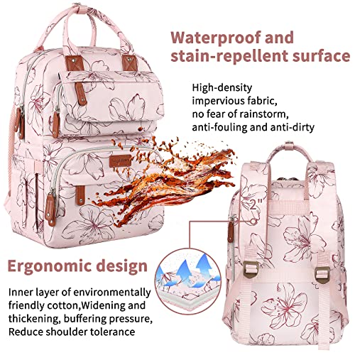 Diaper Bag Backpack, Baby Girl Diaper Bag for Mom, Large Pink Floral Diaper Bag Backpack for Girls, Waterproof Mom Backpack for Work Travel Holiday with Insulated Pockets and Stroller Straps