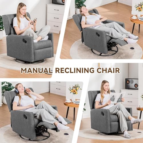 COMHOMA Nursery Rocking Chair Fabric Upholstered Swivel Rocker Recliner Manual Glider Reclining Chair for Living Room Bedroom Offices (Dark Grey)