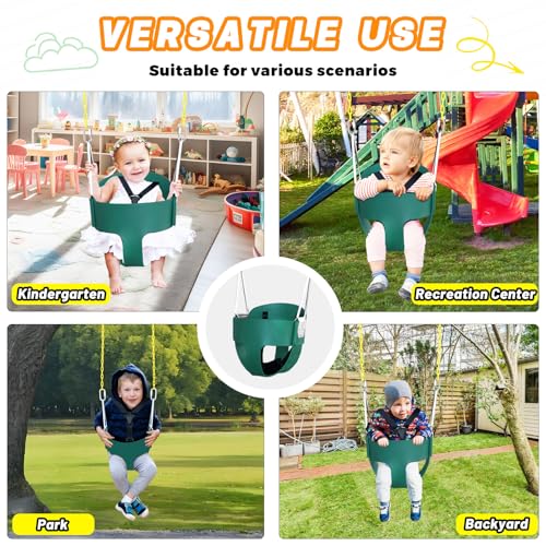 High Back Full Bucket Toddler Swing Seat with 3- Point Adjustable Safety Harness, 66 inch Detachable Chain,Suitable for Babies Aged 6-24 Months，Baby Swing for Swingset (Green)