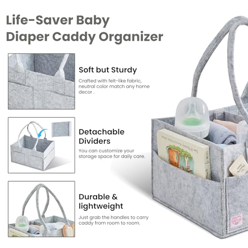 Ciuifoiy Upgraded Baby Diaper Caddy Organizer, Portable Nursery Storage Bin with Handle, Side Pockets Car Organizer for Diapers and Baby Wipes Essentials, Registry Gift Baskets (Small-Grey)