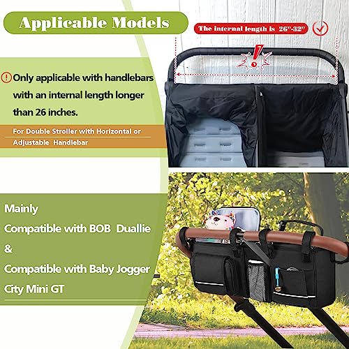 HODRANT Double Stroller Organizer Compatible with BOB Duallie & Compatible with Baby Jogger City Mini GT2 Stroller, Double Stroller Parent Console with Detachable Cooler & Cup Holder, Patent Pending
