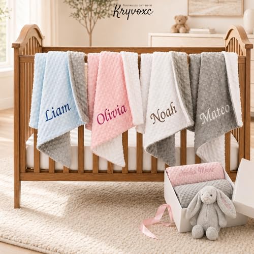 Personalized Baby Blanket and Plush Bunny Set, Custom Baby Blankets and Rabbit with Name, Personalized 2 in 1 Gift Set for Boy Girl Toddlers, Minky Dot Swaddle, Gift Set for Showering, Birthday