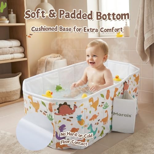 MORAIS Toddler Bathtub Collapsible & Portable, Foldable Baby Bath Tub for Shower & Travel, Dual Drain Plug with Thick Padded Bottom, Easy to Clean, Space-Saving Tub, 12 Months+