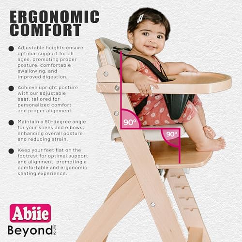 Abiie Beyond Junior Wooden High Chair for Babies and Toddlers - Convertible 3-in-1 Baby Highchair with Removable Tray - 6 Months to 250 Lb - Water Resistant - Natural Wood/Dove Grey Cushion