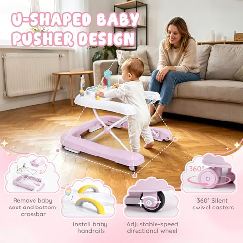 Baby Walker with Wheels, 5-in-1 Foldable Push Walker for Baby Girls 6-12 Months, Baby Walker & Bouncer Combo, Adjustable Height, Music Light Infant Activity Center Bouncer Walker(Pink)