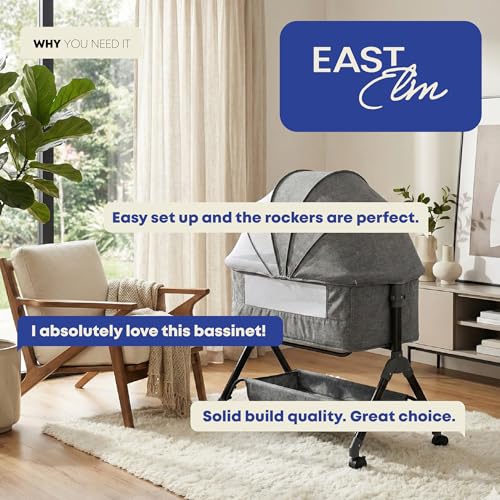 East Elm Baby Bassinet with Rocking Function, Breathable Mesh Sides, Portable Bassinet with Wheels & Storage Basket, Newborn Infant Crib (0–24 Months)